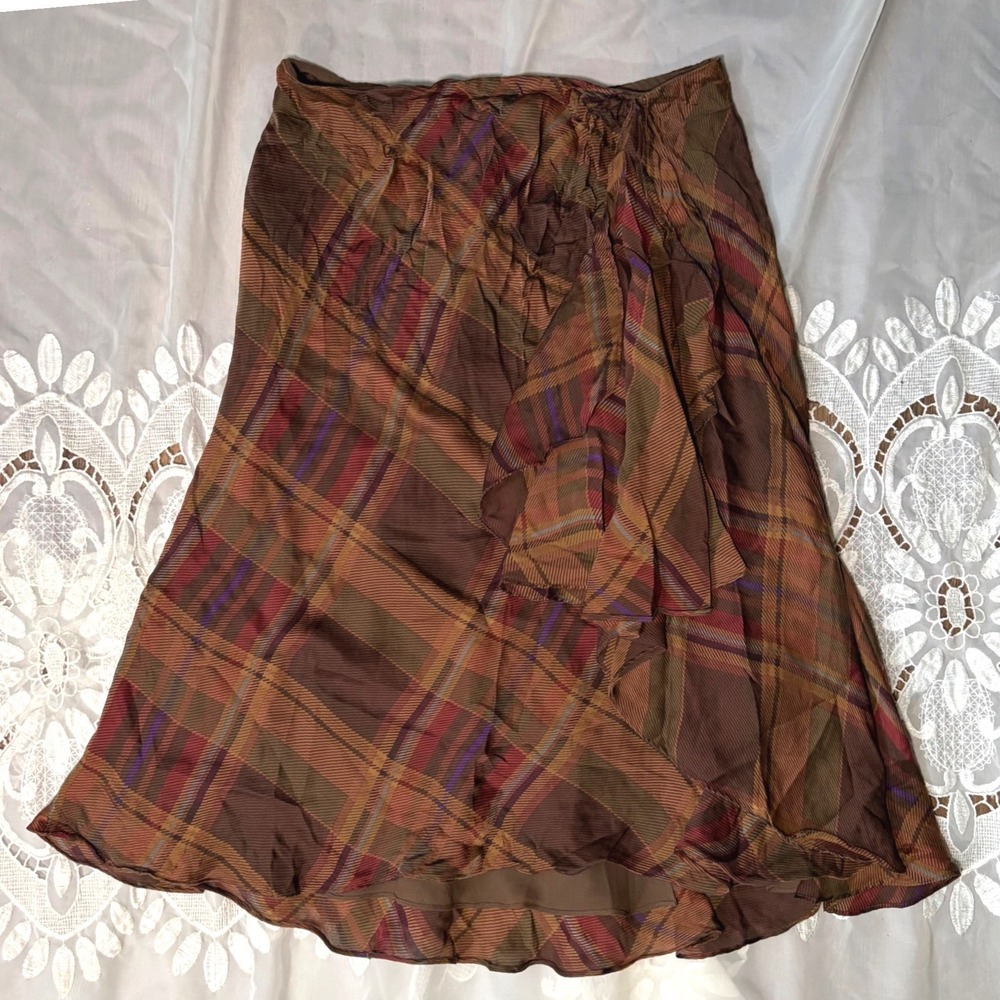 Vintage Lauren Ralph Lauren 100% Silk Plaid Ruffle Midi Skirt Brown Womens Small